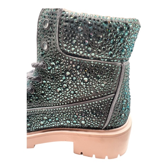 Betsey Johnson Hudson Turquoise Blue Rhinestone Combat Boots Size 6.5 NWOB BLING - Picture 7 of 14